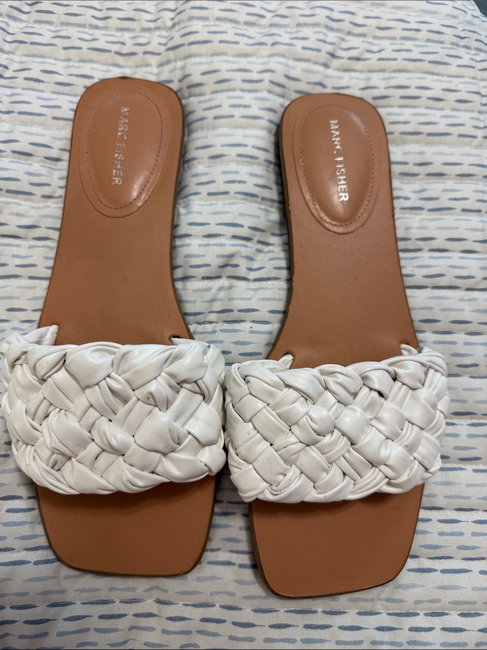 Marc Fisher White Braided Slide Sandals with Tan Footbed